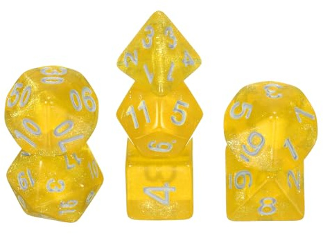 sourcing map Polyhedral Dice Set, 7 Pcs Acrylic Dice for Role Playing Table Games Tabletop Gaming Accessories, Sparkling Yellow