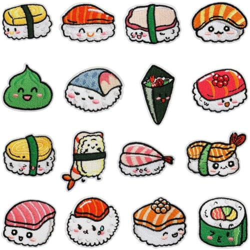 Lpitoy 16 Stück Sushi-aufnäher Zum Aufbügeln, Köstliche Essens-stickapplikation, Süße Dekoration Für Kleidung, Mütze, Tasche, Kleid, Hemd,