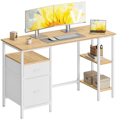 VASAGLE Computer Desk, Work Desk with Storage, 3 Shelves, 2 Drawers, 127 x 50 x 76 cm, for Home Office, Living Room, Industrial Style, Natural Oak and Matte White LWD103YD01