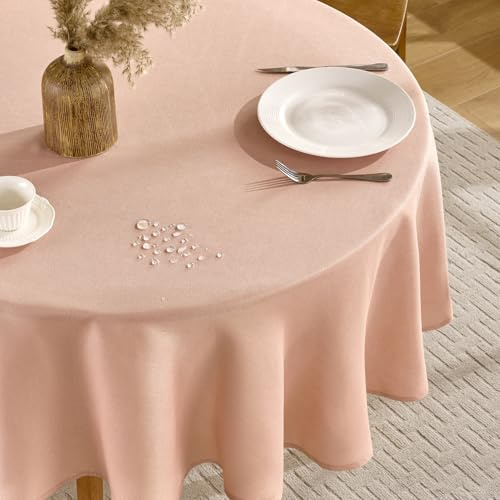 FIBORIA Tischdecke Rund 160 cm Rosa Leinenoptik Outdoor Tischdecken Abwaschbar & Wasserabweisende Tischwäsche Abwischbare Tischtuch Table Cloth für Frühling,Ostern Camping,Garten,Hochzeiten,Geburtstag
