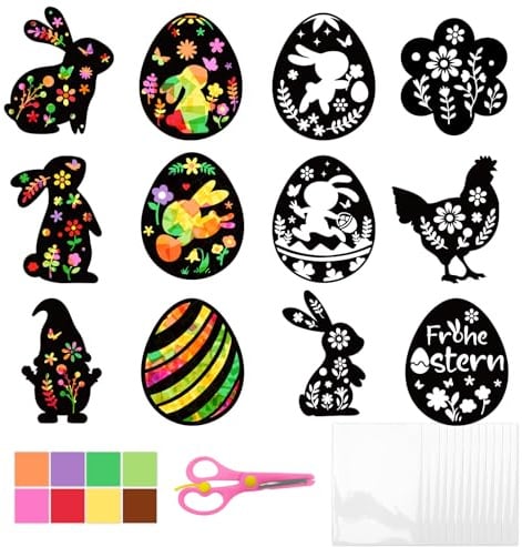 Happirra Ostern Basteln Kinder, 12 Stück Bastelvorlagen Fensterbilder Ostern, Osterdeko Bastelset Kinder 3 4 5 6 7 8 9 10 Jahre, Fensterdekoration Osterbasteln mit Kindern