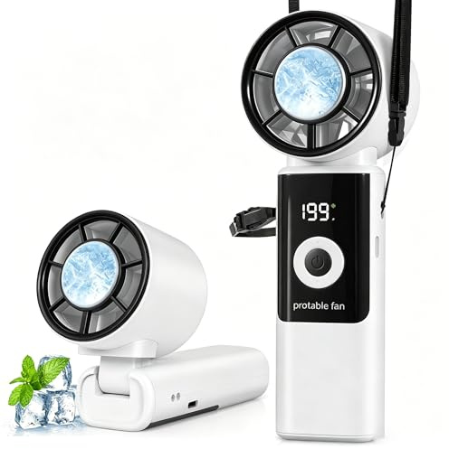 Gkstly Ventilador Portátil de Mano con Enfriador de Hielo Ventilador Turbo Recargable con 199 Velocidades con Pantalla LED Ventilador de Escritorio Plegable para Exteriores, Camping, Hogar y Oficina
