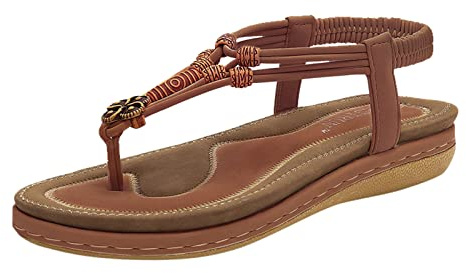 Uwdiohq Sandales Plates Pour Femmes Été Bohème Chaussures Habillées Perlées Confortable Bout Ouvert Élastique Bride À La Cheville Sans Lacet Sandale Romaines Bottes (Brown, 38) De Danse Femme
