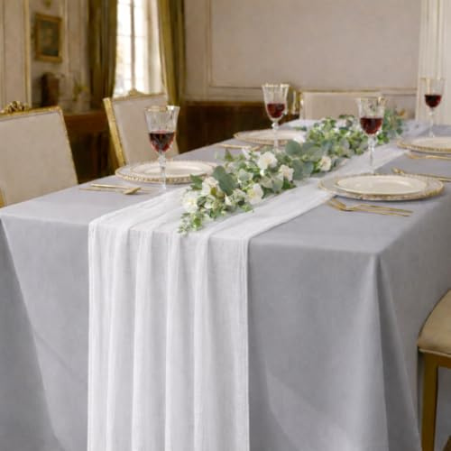 DecoHomeTextil Musselin Tischläufer 80 x 300 cm Weiß (Double Pack) Weicher Gaze Stoff mit Faltenoptik für Hochzeit, Geburtstag, Party & stilvolle Tischdekoration Boho