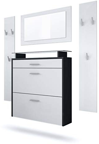 Vladon Garderobe Malea, Garderobenset bestehend aus 1 Hängeschuhschrank, 1 Wandspiegel und 2 Garderobenpaneele, Schwarz matt/Weiß matt