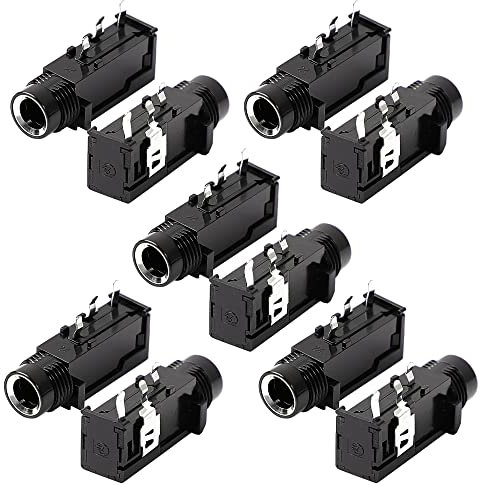 sourcing map 10 Pcs 1/4 6.35mm Headphone Mono Jack 3 Pins PCB Panel Mount Socket Thread Lock Audio Connectors Stereo Headphone Socket for DIY Replacement AV Car Audio MP3 Player, Black