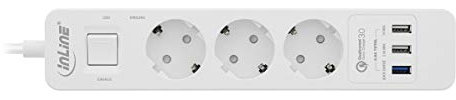 InLine 16491 Steckdosenleiste, 3-fach Schutzkontakt, Überspannungsschutz und QuickCharge USB, mit Schalter, 1,5m, weiß