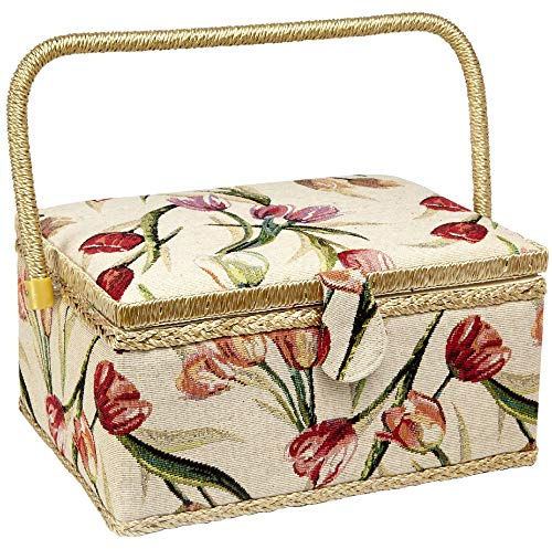 Sewing Basket with Tulip Floral Print Design- Sewing Kit Storage Box with Removable Tray, Built-In Pin Cushion and Interior Pocket - Large - 12 x 9 x 6 - by Adolfo Design