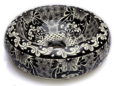 Cerames Serena - Mexikanische Rund Aufsatzwaschbecken schwarz | 40 cm Keramik Talavera klein Waschbecken aus Mexiko | Buntes Deko motiven