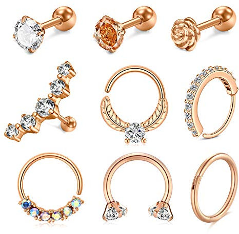 AVYRING 20G 16G Piercing Oreille Cartilage Acier Chirurgical Hoop Piercing Nez Septum Lèvre Anneau Tragus Stud Piercing Oreille Helix Daith Bijoux 9 Pièces - Or rose