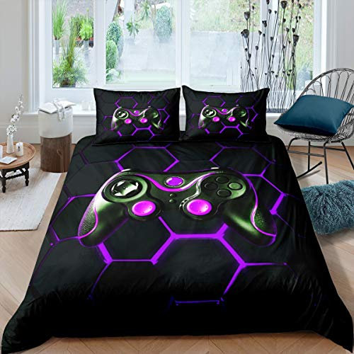 Homemissing Boys Game Comforter Cover Set Teens Kids Anime Gamer Gaming Duvet Cover Set Geometric Honeycomb Hexagon Bedding Set Video Game Controller Bedclothes 2Pcs Single Size,Black,Purple