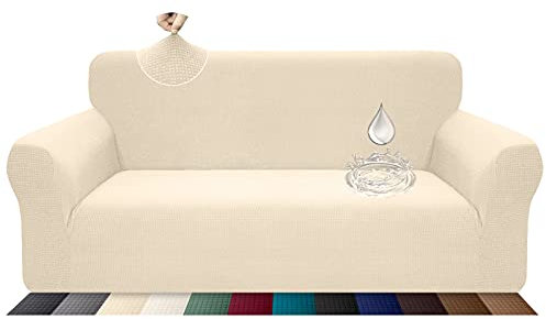 Earnmore Stretch Wasserdicht Sofabezug für 3 Sitzer Stylish Pattern Sofahusse Anti Rutsch Kratzfest Couchhusse mit Anti-Rutsch-Schaumstoffe(3 Sitzer,Beige)