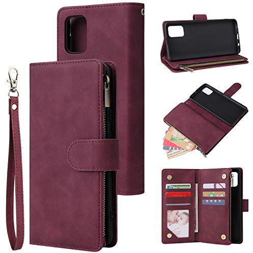 QLTYPRI Hülle für Samsung Galaxy A51, Premium Leder Handyhülle mit Große Kapazität 6 Kartenfach & 1 Reißverschluss Tasche Ständer Schutzhülle für Samsung Galaxy A51 - Rot