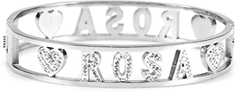 Flowers Bracciale Rigido Acciaio con Nome Vari e Zirconcini Sacchettino in tessuto Scritta nome ricoperta di strass Brillantissimi. Bracciale a Manetta Donna Chiusura a molla. Idea Regalo (Rosa 2)