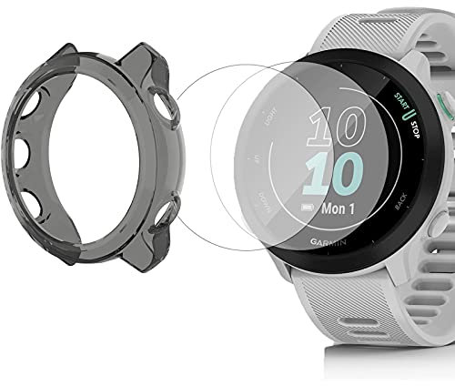 Giaogor Protector de pantalla para Garmin Forerunner 55 con funda, protector de pantalla de vidrio templado y TPU suave compatible con Garmin Forerunner 55 Smartwatch (1 carcasa negra y 2 películas