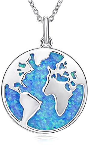 AM ANNIS MUNN Globe Kette mit Teller Halskette für Damen 925 Sterling Silber Opal Halskette Damen Kette Silber Damen Schmuck mit Welt Anhänger Geschenke für Freundin Damen Mama