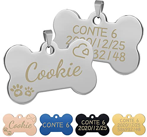 Uiopa 2 Stücke Hundemarke mit Gravur, Hundemarke Knochen mit Gravur aus Edelstahl Personalisier, Adressanhänger Hund/Katze Namensschild für Mittelgroße Bis Große Hunde und Katzen (Silber, S)