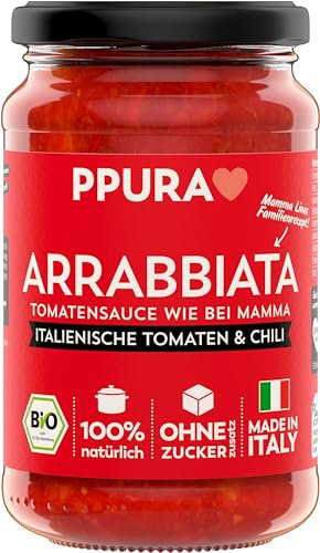 PPURA Bio Tomatensauce Arrabbiata | Pasta-Sauce mit Fruchtigen Tomaten & Chili | 100% Natürlich | Nudel-Soße Vegan Ohne Zuckerzusatz & Konservierungsstoffe | 340g Glas