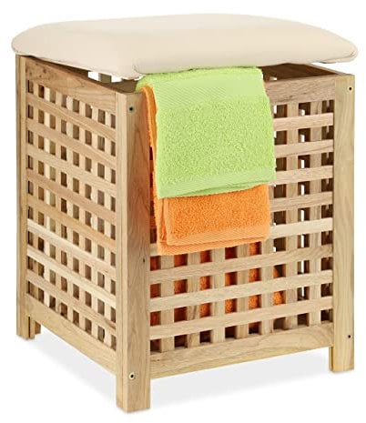 Relaxdays, Natur Wäschekorb mit Sitz, Walnussholz, Stoff, HxBxT: 50 x 39 x 39 cm, 45 l Wäschebox, Badhocker mit Stauraum, Schaumstoff