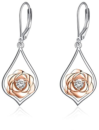 POPLYKE Rose Blume Hängend Ohrringe 925 Sterling Silber Filigrane Ohrringe Schmuck Damen