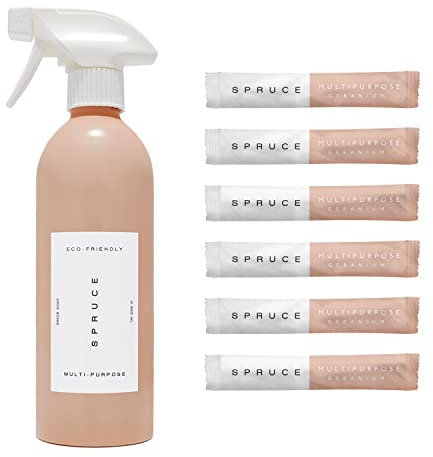 Naturally scented Geranium Multipurpose Cleaning Spray Kit | Reusable Aluminum Bottle with 6x Concentrated Refills | Effective on Grease, Grime, Limescale | Just-add-water Eco friendly Non-toxic Vegan