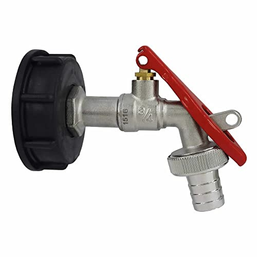 qpool24 IBC-Adapter mit abschließbarem Kugelauslaufventil Ausführung 3/4'' HDPE-Kunststoff schwarz, mit Kugelauslaufventil, matt verchromt, Schlauchtülle, roter Stahlhebel