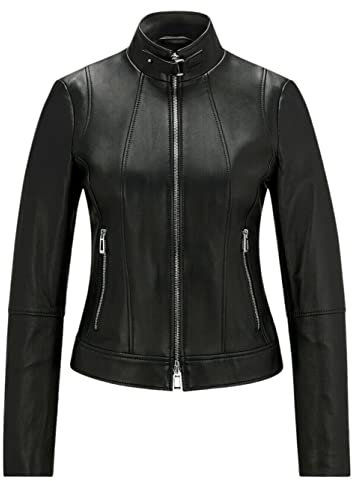 Giacca da motociclista in vera pelle da donna cappotto casual nero invernale con cerniera, Nero , M
