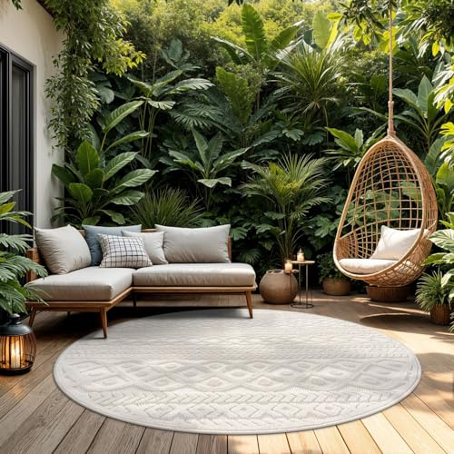 TT Home Outdoor Teppich Rund 200 cm Creme, Wetterfest & Robust modernes Boho Skandi Design mit 3D-Optik, für Terrasse & Wohnzimmer