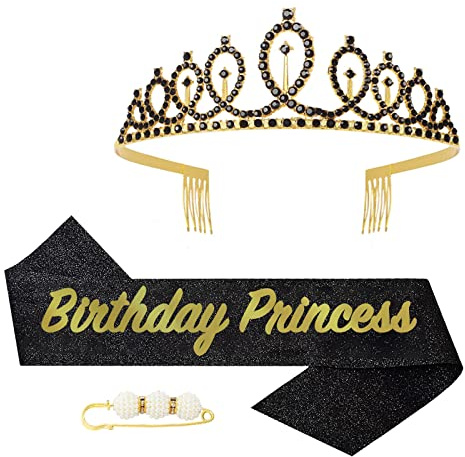 POPOYU Birthday Prinzessin Krone und Schärpe,Sweet Birthday Krone mädchen,Geburtstag Tiara Schwarz Gold,deko Geburtstag Schärpe,Geburtstag mädchen Kopfbedeckung für Geburtstagsgeschenk Partyzubehör