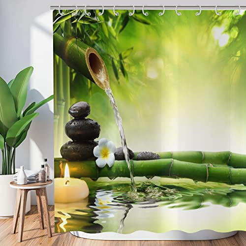 Hnmdmyi Rideau de Douche Zen Jardin 180x180, Spa Bambou Vert Pierre Noire Fleur Blanche, Baignoire Méditation Japonaise Détente, Tissu Étanche Lavable avec Crochets