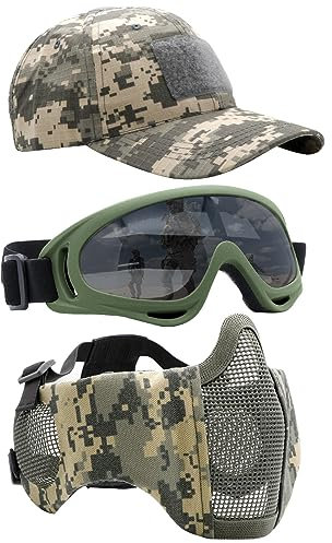 Yzpacc Demi-masque d'airsoft avec lunettes et chapeau patch, masques tactiques, casquette de protection intégrale des oreilles pour CS Halloween et jeu (ACU, 3 pièces)