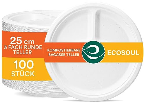 ECO SOUL Pearl White 25cm Runde Bagasse Pappteller mit 3 Fächern (100 Stück), Einweggeschirr und 100% Kompostierbares, Umweltfreundlich Partygeschirr, Robust Campinggeschirr, Mikrowellen- und Ofenfest