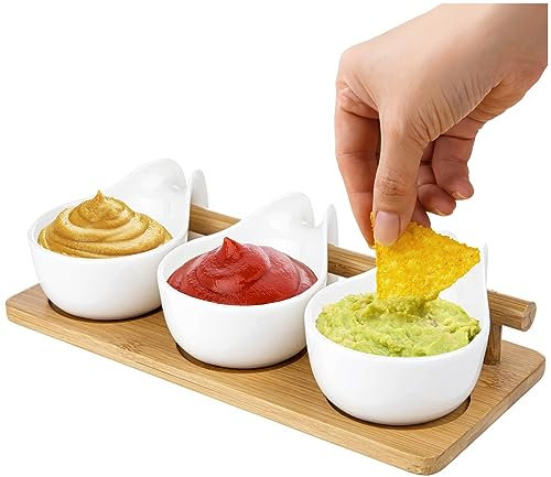 Konzept 11 - Dipschalen Set in Weiß mit Servierplatte aus Holz, 3 Stück, Servierschale für Dips, Antipasti, Sauce, Ketchup, Snack