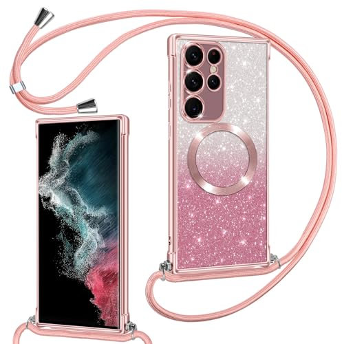 Phoona Handyband Hülle für Samsung Galaxy S22 Ultra 5G mit Band [kompatibel mit MagSafe], Luxuriöse Glitzer Beschichtung Magnetische Handyhülle für Samsung S22 Ultra 5G Stoßfest Schutzhülle, Rosa