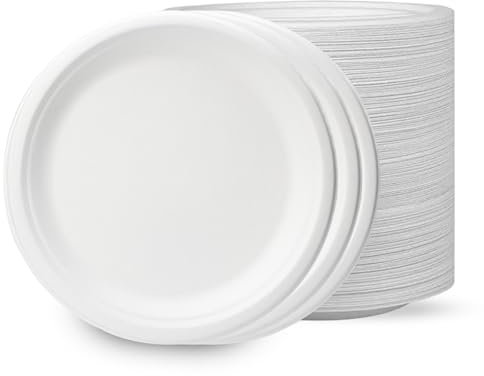 CHEF ROYALE (Pack 50) 9 inch/23cm Disposable Plates Bagasse Surgarcane, Large White Plates Perfect for Everyday Use Christmas Party, Birthday Party Use for Hot & Cold Food (50 Pack)