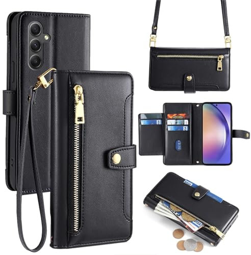 Hülle Kompatibel mit Samsung Galaxy A54 | Leder Handyhülle Praktische Handykette Kartenfächer Brieftasche Umhängetasche Kompatibel für Galaxy A54 | Schwarz