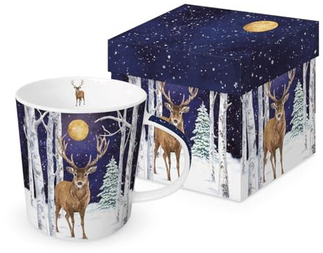 Tasse Weihnachten Hirsch im Mondschein aus Porzellan. Motivtasse für den gedeckten Tisch und als Geschenk 0,4L x H10,5cm