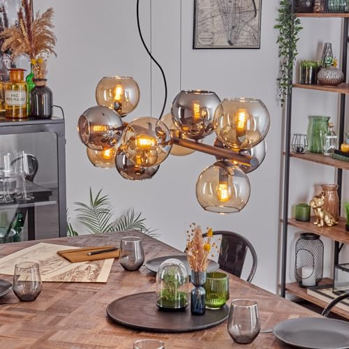 HOFSTEIN Pendelleuchte Gastor, 10-flammige Hängelampe aus Metall/Glas in Schwarz/Chrom/Rauch/Bernstein, Hängeleuchte im Vintage-Design m. Glasschirmen, max. 146 cm, E14, Esszimmer, Wohnzimmer, Küche