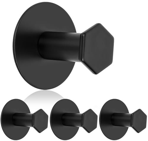 SAYAYO Self Adhesive Hooks, Strong Sticky Hook for Hanging, Stainless Steel Stick on Towel Coat Hooks for Back of Door, Bathroom, Kitchen, No-Nails, 4 Pack, Black