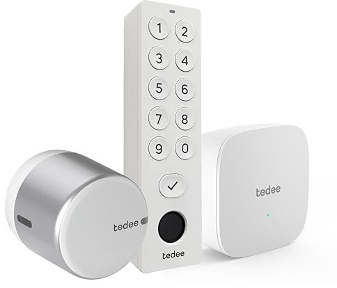 tedee GO 2 Set | smartes Türschloss Silber | WLAN-Bridge | biometrisches Tastenfeld Weiß | Smart-Home-Lösung iOS, Android | PIN + Fingerprint | Bluetooth | Auto-Unlock | Keine Installationshardware