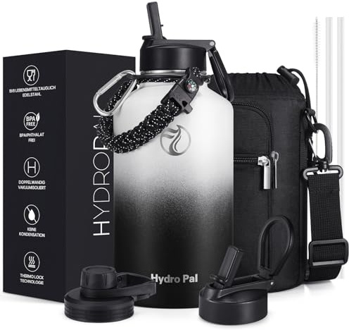 HydroPal Gourde en acier inoxydable - 750 ml/1 L/1,2 L/1,9 L, sans BPA, convient aux boissons gazeuses, bouteille isotherme avec paille et 2 couvercles