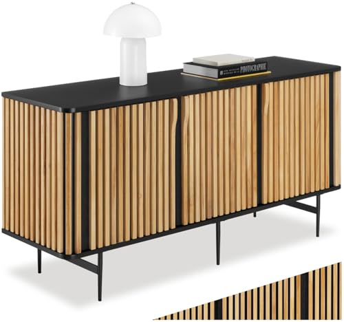 tectake® Sideboard in Lamellen Optik, mit 3 Schrank Fächern, Kommode, TV Schrank, Fernsehtisch, Küchenschrank, Sideboard Wohnzimmer Möbel, TV Board, Lowboard, Flurgarderobe, Schlafzimmer