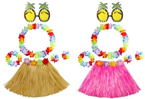 Teogneot Set di gonna hawaiana, colore naturale e rosa, con leone floreale e ananas, per feste