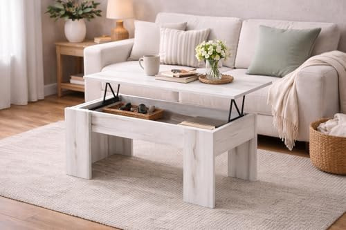 Homezzi Hochklappbarer Couchtisch, Wohnzimmertisch Klappbar, Höhenverstellbarer Coffee. Maße: 100 x 45 x 50 cm (Breite x Höhe x Tiefe). Albinweiß Oberfläche.