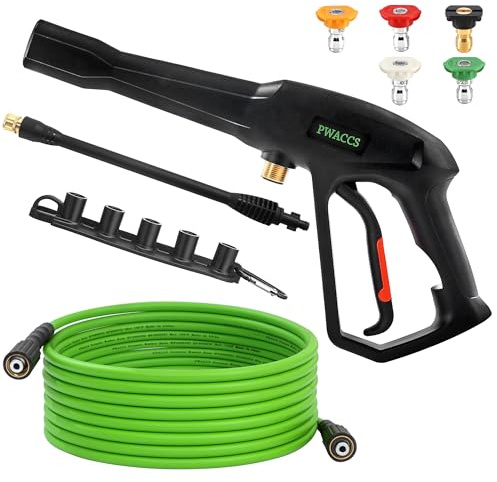 PWACCS Hochdruckreiniger-Pistole und Schlauch-Set, 7,6 m Hochdruckreiniger-Schlauch mit Lanze, kompatibel mit Ryobi, Green Works & Kärcher, 2000 PSI, 5 Düsenspitzen