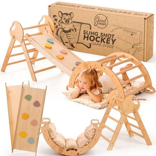 Goodevas Montessori 5 in 1 - Set da Arrampicata in Legno per Interni, con Cuscino e Scivolo per Bambini, Parco Giochi da 1 a 3 Anni