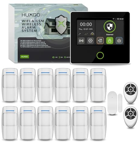 HUXGO® HXA502 Funk Alarmanlage Set für Haus mit lauter Alarmsirene integrierter GSM 4G + WiFi | drahtloses Alarmsystem mit 12x Bewegungsmelder, 1x Tür- Fenstersensor | SMS-Benachrichtigungen