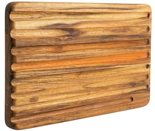 Erreke Tagliere in Legno di Teak per Tagliare e Servire, 39x25x1,8 cm | Reversibile con Scanalature Aperte per Pane e Succhi. Tagliere Legno Cucina. Per Formaggi Salumi Carne Pane. Legno Naturale
