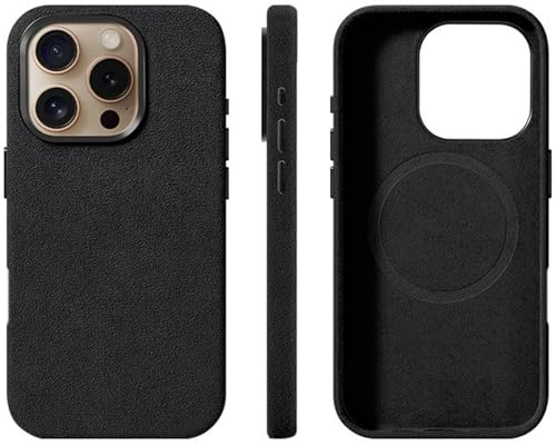 Alcantara Suede Case for iPhone 14 Pro Max, Luxury Handmade Full-Wrap Slim Cover with Metal Buttons & Secure Non-Slip Grip Compatible with MagSafe, Black