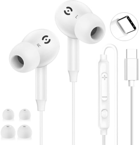 USB C Headphones for iPhone 17 16 15, Type C Earphones Wired USB C Earbuds | In-Ear Earphones with Mic & Volume Control USB C Headphones Wired for Samsung Galaxy S25 S24 S23 S22, Pixel, iPad Pro